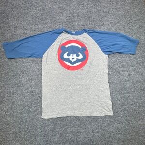 Chicago Cubs Raglan T Shirt Mens L Gray Blue Mascot Logo Baseball MLB 3/4 Sleeve